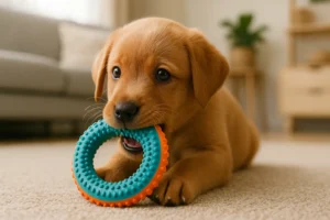 Filhote de cachorro em uma sala confortável e bem iluminada, mordendo um brinquedo de borracha colorido — uma atividade comum durante a fase de dentição canina.