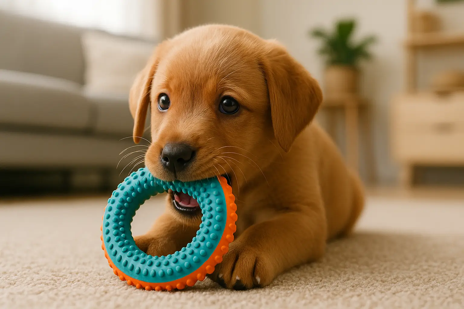 Filhote de cachorro em uma sala confortável e bem iluminada, mordendo um brinquedo de borracha colorido — uma atividade comum durante a fase de dentição canina.