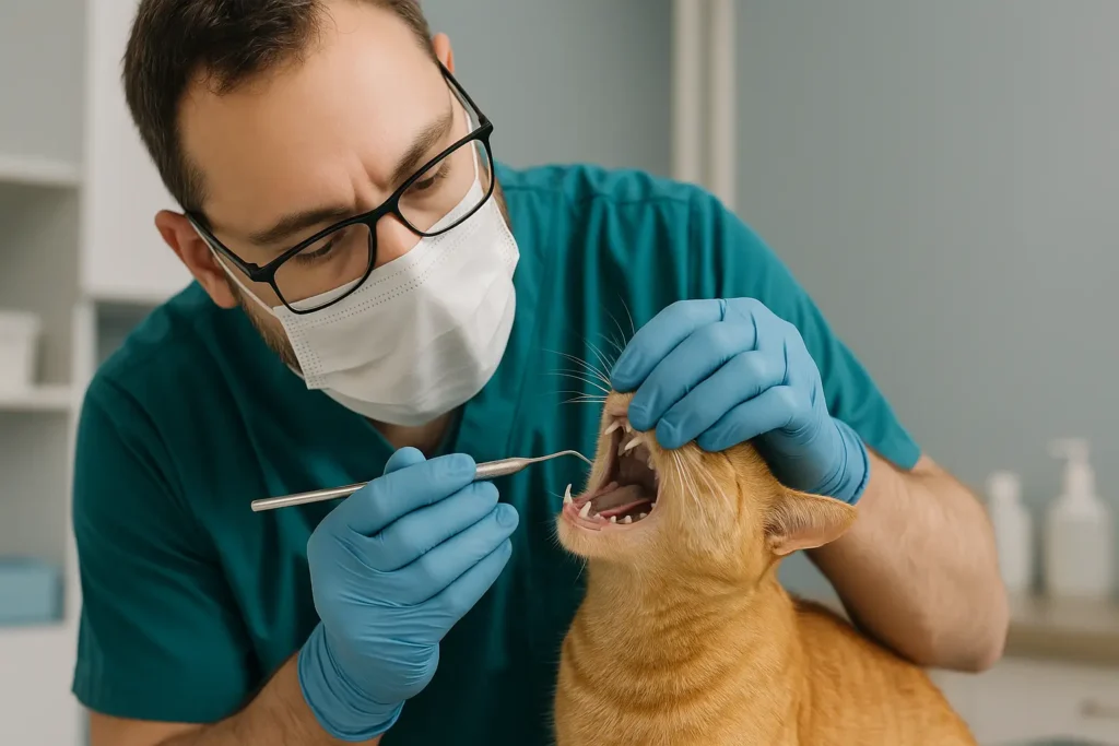 Dentista veterinário examinando a dentição felina de um gato laranja, utilizando luvas e instrumentos odontológicos em um consultório clínico.