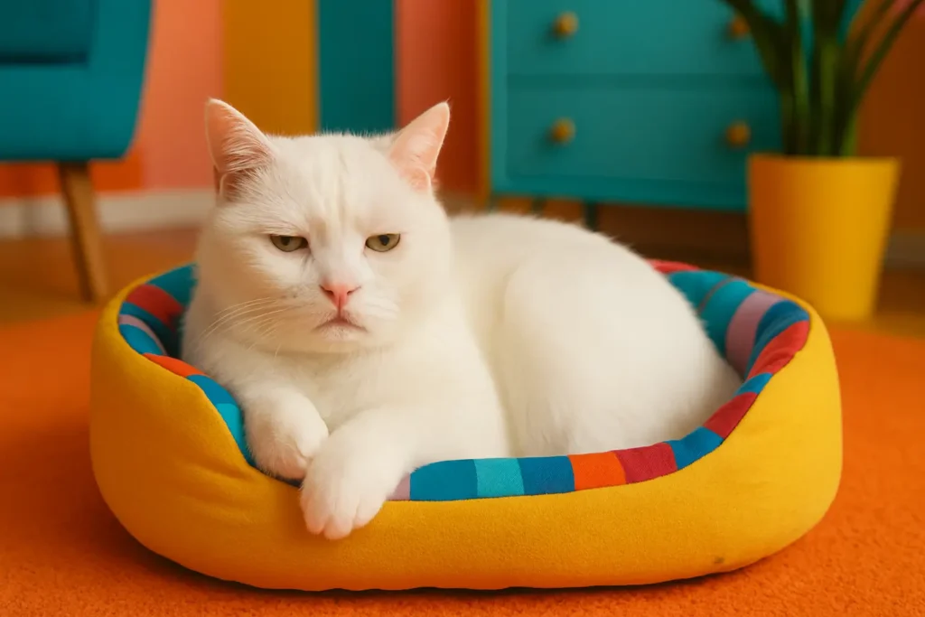 gato branco apático deitado em sua caminha em um ambiente colorido