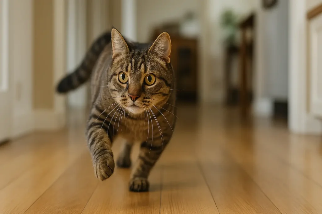 Gato com hiperatividade correndo pela casa em um ambiente doméstico iluminado, mostrando energia e movimento.
