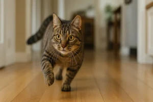 Gato com hiperatividade correndo pela casa em um ambiente doméstico iluminado, mostrando energia e movimento.