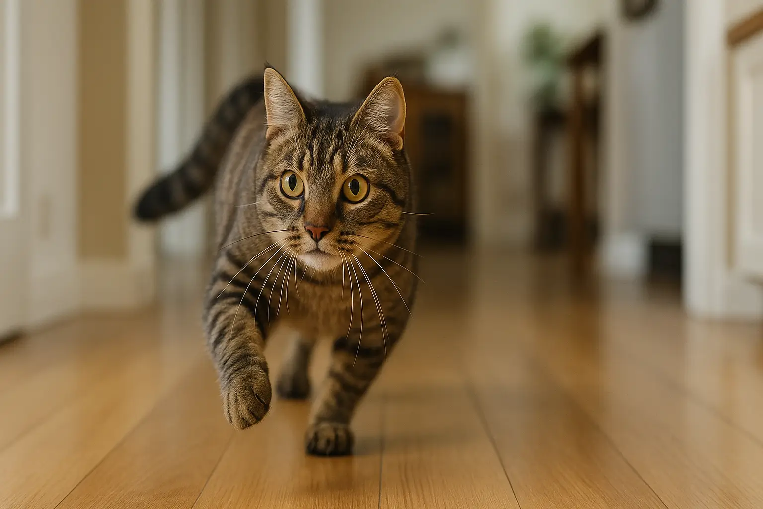 Gato com hiperatividade correndo pela casa em um ambiente doméstico iluminado, mostrando energia e movimento.