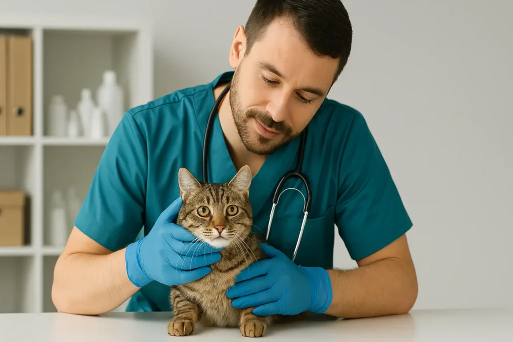 Veterinário usando luvas azuis e estetoscópio examina cuidadosamente um gato rajado sobre a mesa em uma clínica, transmitindo cuidado e atenção no atendimento.