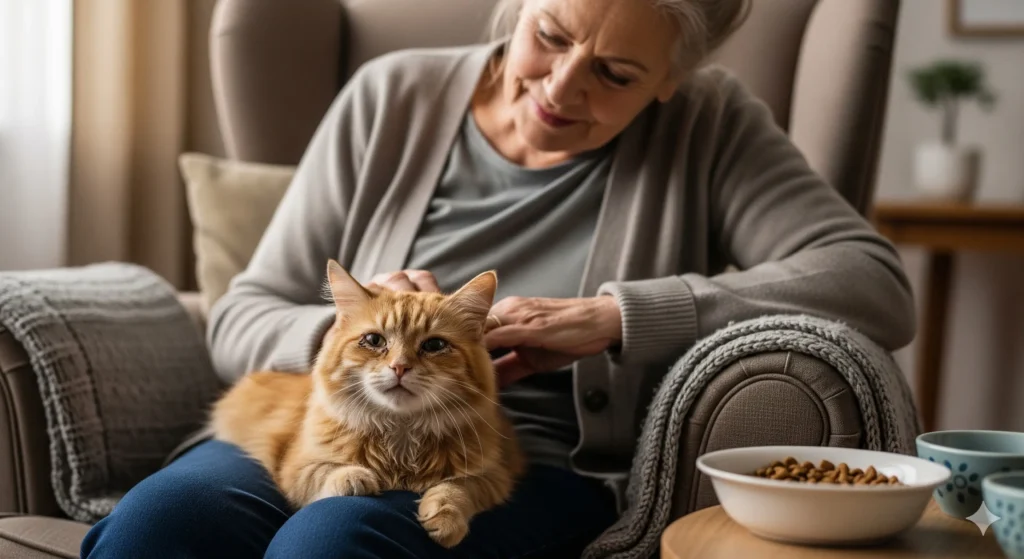 Uma imagem realista de uma mulher mais velha e gentil sentada em uma poltrona, acariciando ternamente seu gato ruivo idoso que está aninhado em seu colo. A luz ambiente quente ilumina a cena acolhedora, com a mulher sorrindo carinhosamente para o gato.