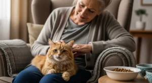 Uma imagem realista de uma mulher mais velha e gentil sentada em uma poltrona, acariciando ternamente seu gato ruivo idoso que está aninhado em seu colo. A luz ambiente quente ilumina a cena acolhedora, com a mulher sorrindo carinhosamente para o gato.