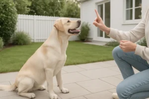 Cachorro sendo treinado em um quintal de casa, sentado e atento ao comando do tutor, representando o conceito de adestramento positivo.