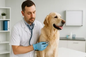 Veterinário examinando um cachorro golden retriever com um estetoscópio em uma sala de consulta clara e organizada.