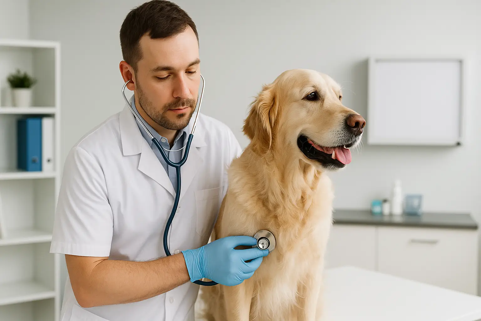 Veterinário examinando um cachorro golden retriever com um estetoscópio em uma sala de consulta clara e organizada.